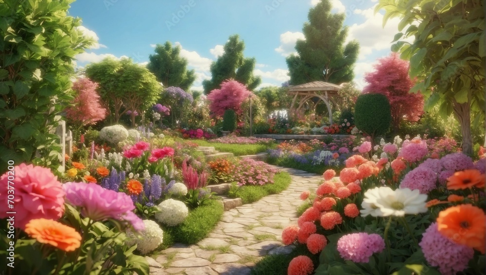 Serene Garden with Colorful Blossoms Under a Blue Sky
