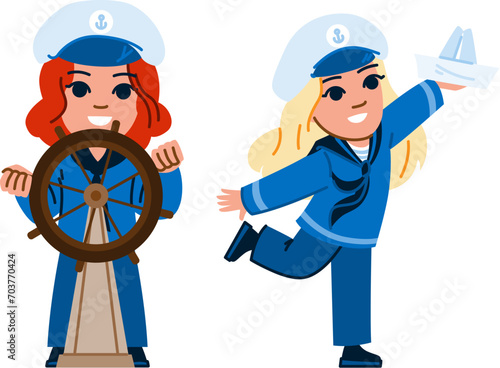 fun sailor kid girl vector. travel boy, dream play, ship happy fun sailor kid girl character. people flat cartoon illustration