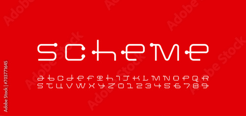 Technical font, digital cyber alphabet, letters from A to Z and numbers from 0 to 9 for electro design, vector illustration 10EPS