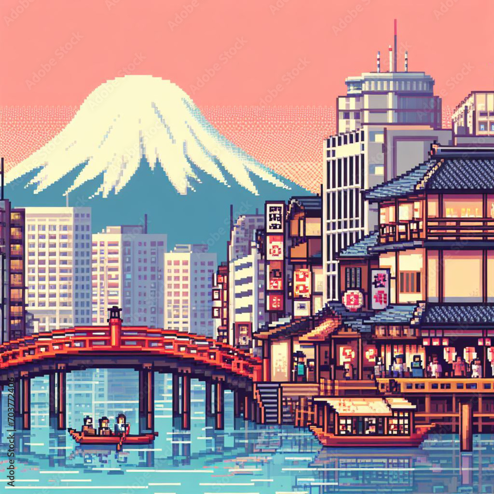 Obraz premium Japanese city , Japanese way of life, 8-bit pixel artdo