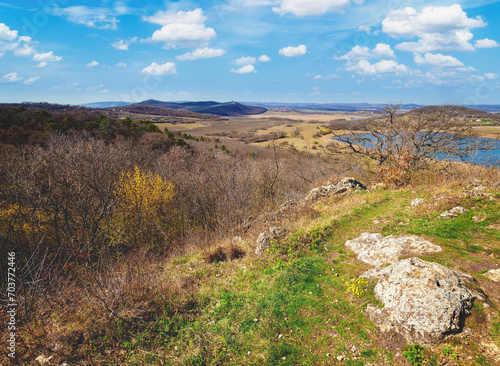 View from above of Tihany peninsula and Balaton lake on a sunny day