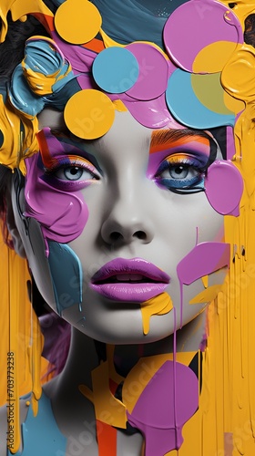 Colorful face of a woman with paint dripping