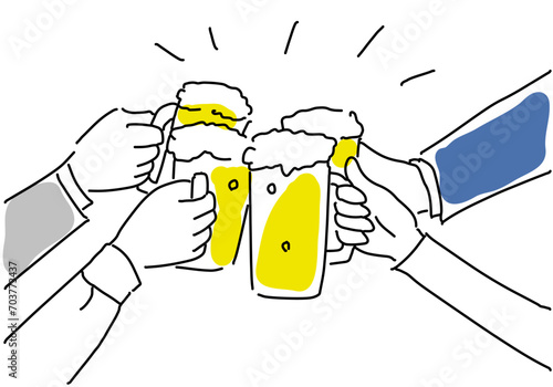 ビールで乾杯する人々の手元シンプル線画
