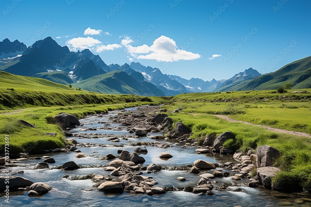 Mountain river flowing through a green valley on a sunny day