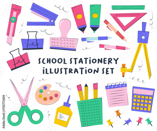 Cute School Stationery Illustration Set