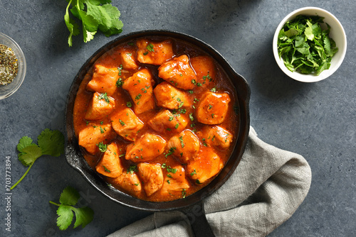Sweet and spicy chicken bites with sauce photo