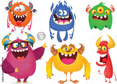 Cute cartoon Monsters. Vector set of cartoon monsters: ghost, goblin, bigfoot yeti, troll and alien. Halloween characters isolated (ID: 703775044)
