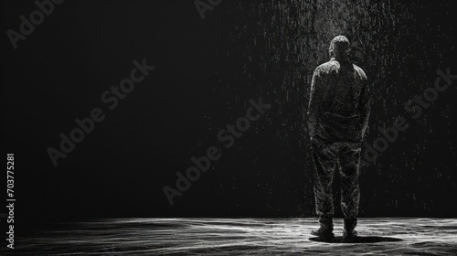  a black and white photo of a man standing in the rain with his back to the camera and his head turned to the left.