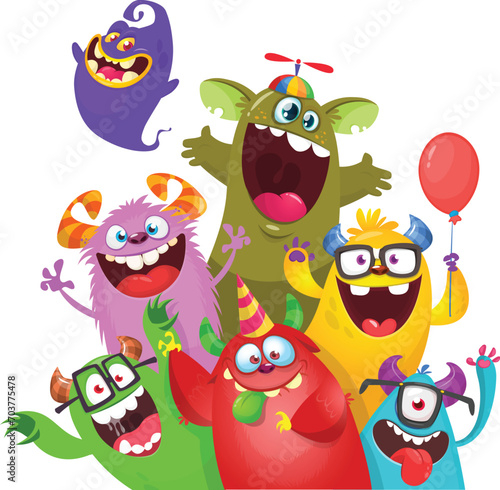 Cute cartoon Monsters. Vector set of cartoon monsters with balloons and party hats. Illustration isolated (ID: 703775478)