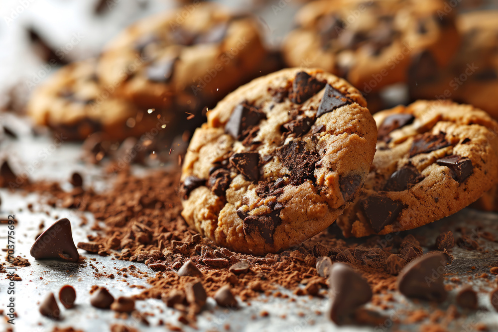 Fototapeta premium Chocolate chip cookies with cocoa powder on grey table, closeup