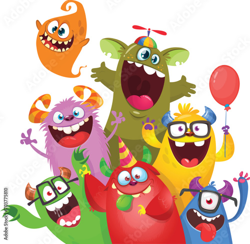 Cute cartoon Monsters. Vector set of cartoon monsters with balloons and party hats. Illustration isolated