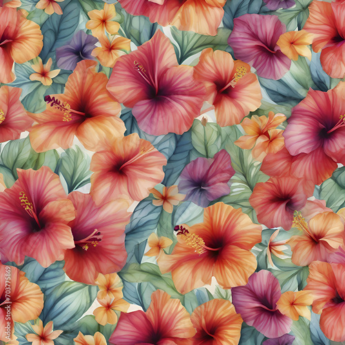 A vibrant pattern of tropical hibiscus flowers. 