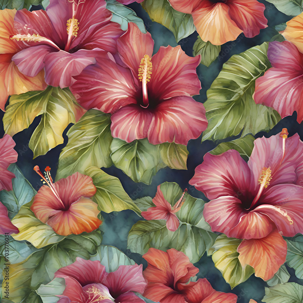 A vibrant pattern of tropical hibiscus flowers. A vibrant pattern of tropical hibiscus flowers.