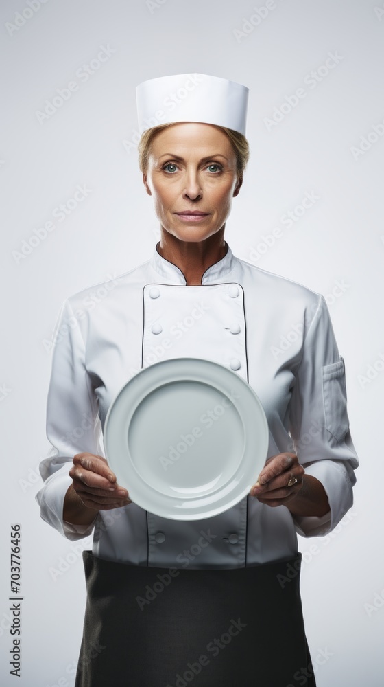 Generative AI Middle-aged female chef in chef attire, subtle smile, holding a dish, presenting proudly, against a plain white backdrop Generative AI Middle-aged female chef in chef attire, subtle smile, holding a dish, presenting proudly, against a plain white backdrop
