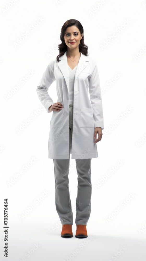 Generative AI Middle-aged female pharmacist in a lab coat, smiling slightly, holding medication, full-body view against a white backdrop Generative AI Middle-aged female pharmacist in a lab coat, smiling slightly, holding medication, full-body view against a white backdrop