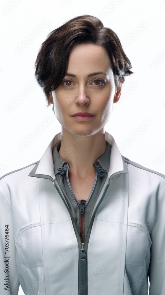 Generative AI Middle-aged female scientist in a lab, wearing protective gear, subtle smile, in full stature against a white background Generative AI Middle-aged female scientist in a lab, wearing protective gear, subtle smile, in full stature against a white background