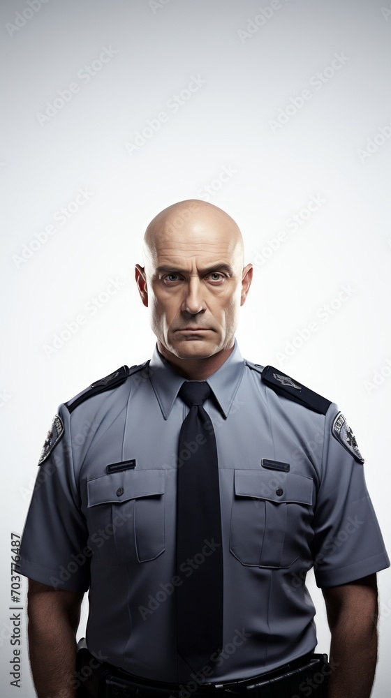 Generative AI Middle-aged male police officer in uniform, subtle smile, confident posture, full-height view on a plain white backdrop Generative AI Middle-aged male police officer in uniform, subtle smile, confident posture, full-height view on a plain white backdrop
