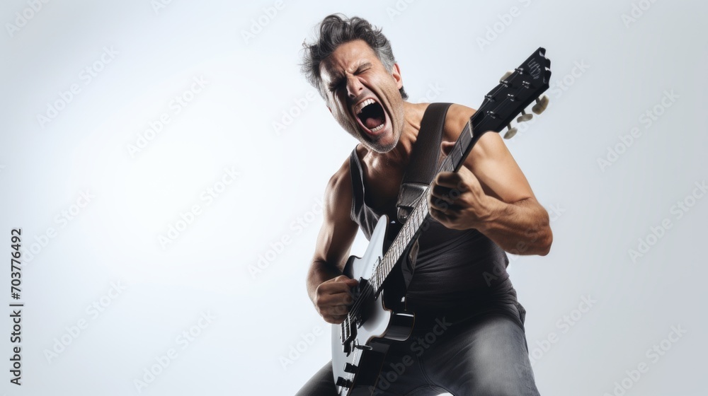 Generative AI Middle-aged male musician, expressing passion and emotion, playing an instrument with fervor, on a plain white backdrop