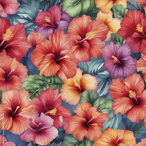 A vibrant pattern of tropical hibiscus flowers. 