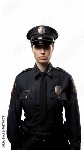 Generative AI Middle-aged female police officer in uniform, subtle smile, confident posture, full-height view on a plain white backdrop