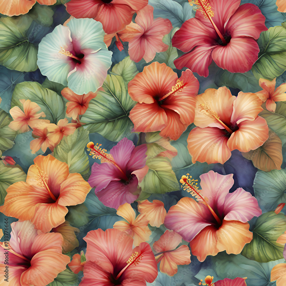 A vibrant pattern of tropical hibiscus flowers. A vibrant pattern of tropical hibiscus flowers.