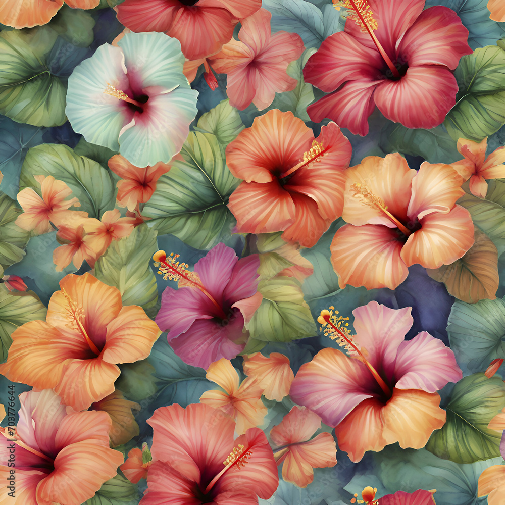 A vibrant pattern of tropical hibiscus flowers. 