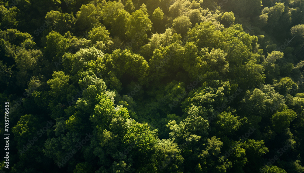 Sunlit Treetops in Lush Green Forest Aerial View Sunlit Treetops in Lush Green Forest Aerial View
