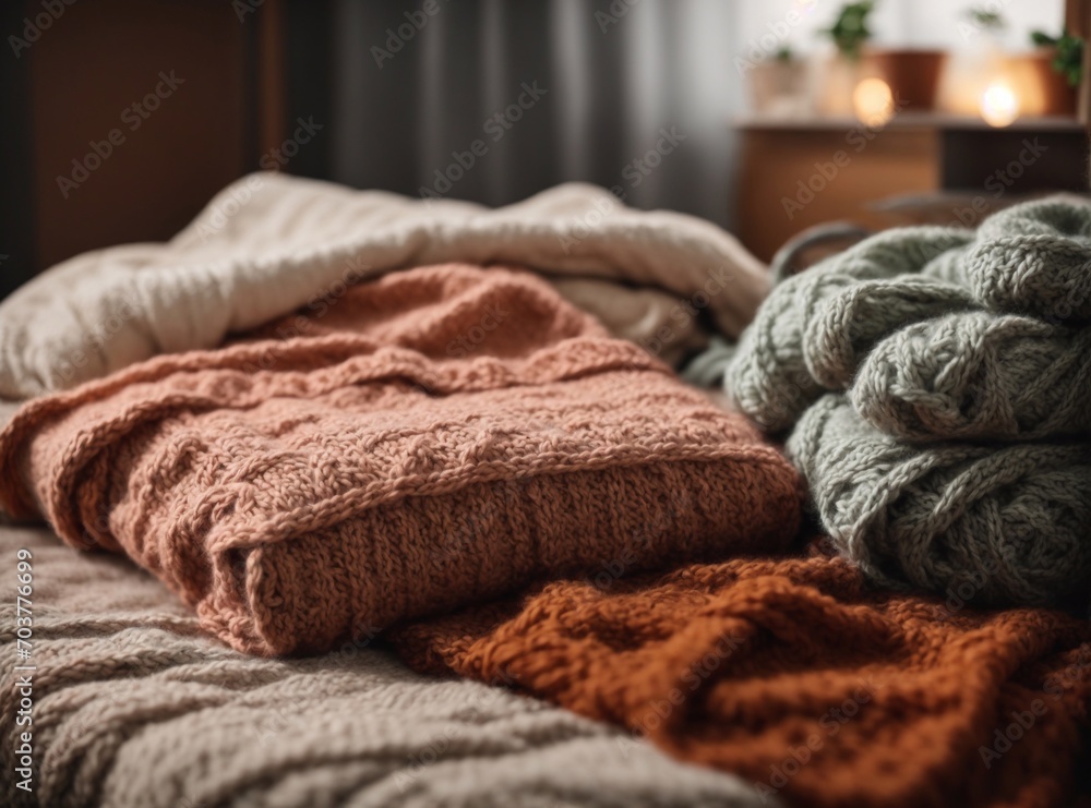 bed with knitted clothes on it bed with knitted clothes on it