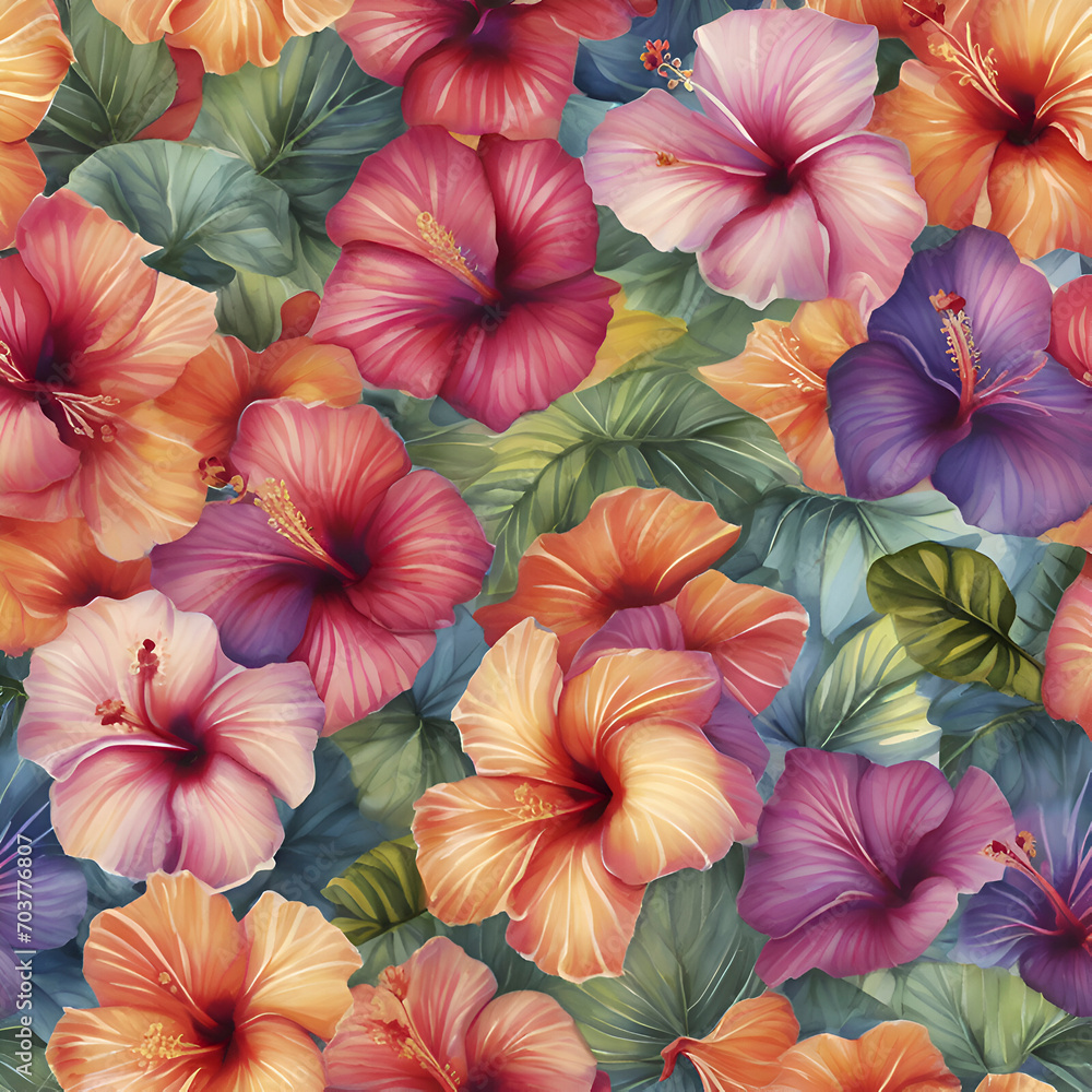 A vibrant pattern of tropical hibiscus flowers. A vibrant pattern of tropical hibiscus flowers.