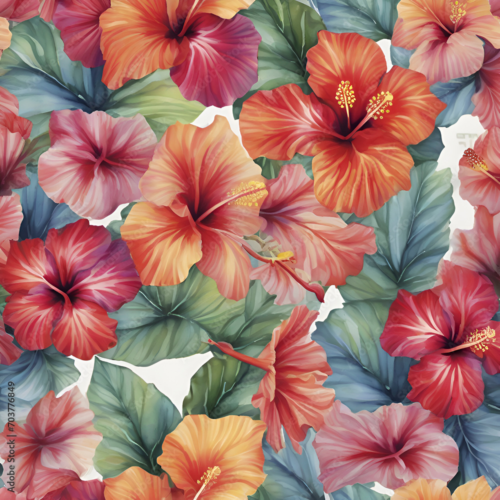 A vibrant pattern of tropical hibiscus flowers. 