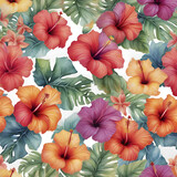 A vibrant pattern of tropical hibiscus flowers. 