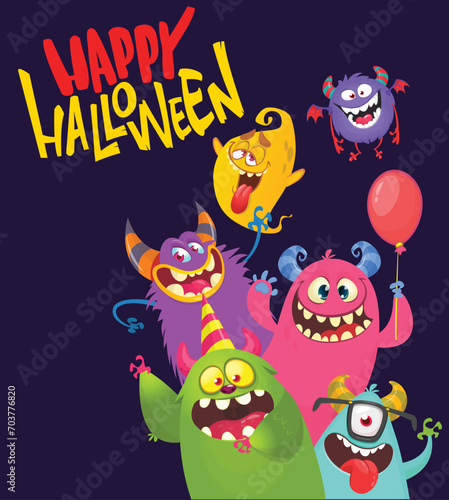 Сartoon monsters characters set. Illustration of happy scary smiling alien creatures for Halloween party. Package, poster or greeting invitation design. Vector (ID: 703776820)