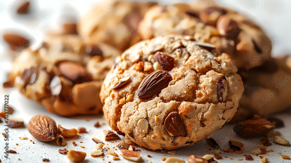 Delicious oatmeal cookies with nuts on white table, closeup Delicious oatmeal cookies with nuts on white table, closeup