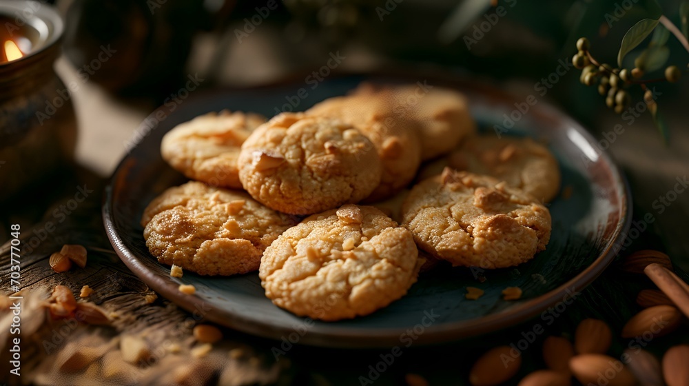 Homemade oatmeal cookies with almonds on a plate, selective focus Homemade oatmeal cookies with almonds on a plate, selective focus