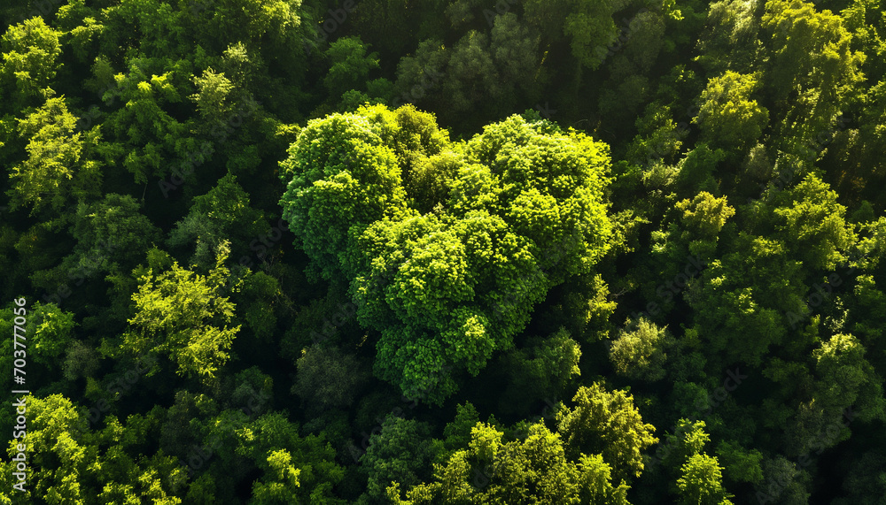 Aerial View of Dense Green Forest Canopy in Sunlight