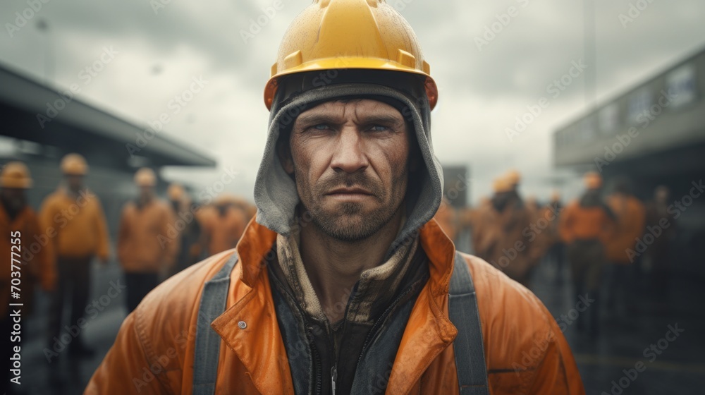 Generative AI Portrait of a road worker with a road roller, guiding its movement, road construction area with workers visible Generative AI Portrait of a road worker with a road roller, guiding its movement, road construction area with workers visible