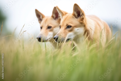 dingo pair positioning for ambush in grass photo