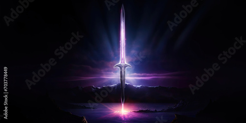 banner of a magical glowing fantasy sword in the night, rays of power photo