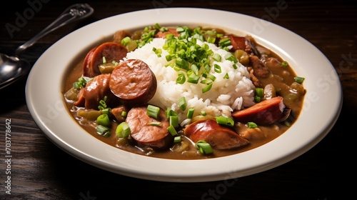 A bowl of classic New Orleans gumbo with andouille sausage