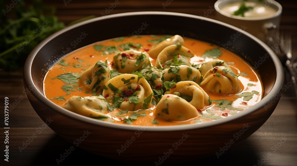 A bowl of creamy tomato and pesto tortellini soup A bowl of creamy tomato and pesto tortellini soup