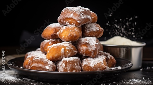 A stack of cinnamon sugar pretzel bites with icing for dipping