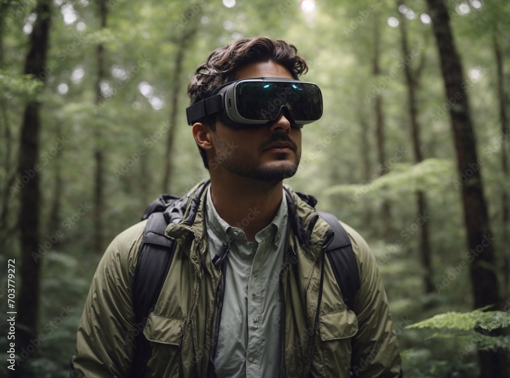 person in a forest in a VR glasses person in a forest in a VR glasses