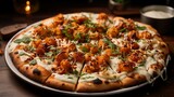 A plate of buffalo cauliflower pizza with ranch drizzle