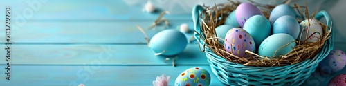 easter eggs inside a plastic basket on a blue background photo
