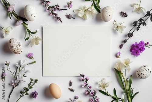 white paper card surrounded by spring flowers and eggs on a white background