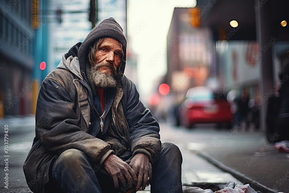 homeless man sitting on sidewalk in city