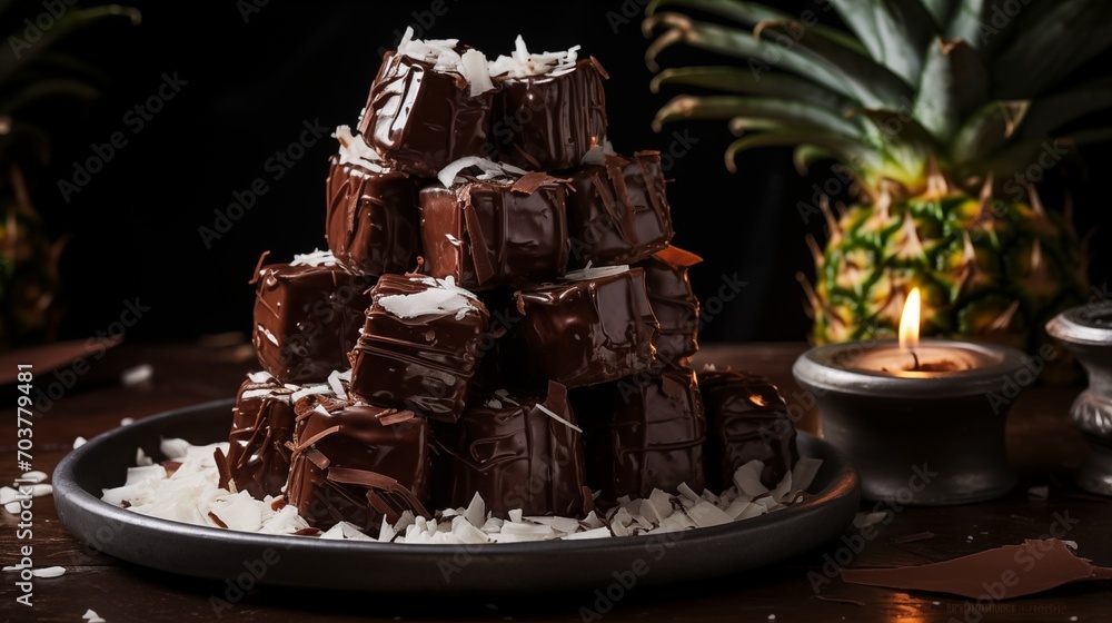 A tower of chocolate-dipped pineapple chunks with coconut