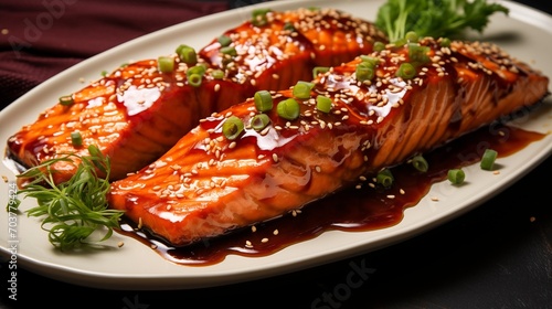A plate of honey sriracha glazed salmon fillets