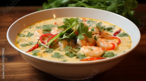 A bowl of spicy Thai coconut shrimp soup with lemongrass