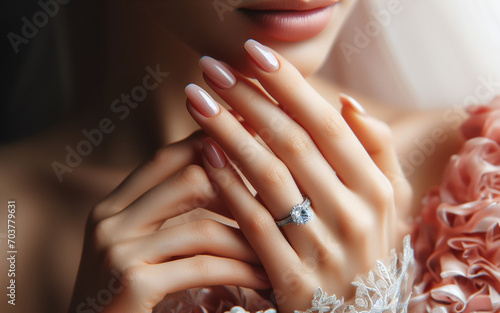 Close-up of the bride's hands and fingers at the wedding hand and engagement ring Woman wearing a white wedding dress photo